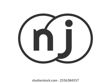 NJ business company emblem with outline rounds and letters n j. Logo template of two merged circles for brand identity, logotype. Vector Infinity symbol  and technology sign.