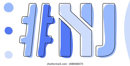 NJ Hashtag. Isolate curves doodle letters. Blue colors. Hashtag #NJ is abbreviation for the US American state New Jersey for social network, web resources, mobile apps.