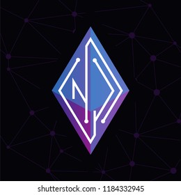 NJ Initial letter block chain logo icon vector template. Looping mono line circuit letter on rhombus cube logo