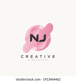 NJ Elementos de plantilla de diseño de icono del logotipo de la carta inicial con arte colorido ondulado.