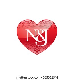 N&J initial letter logo with ornament heart shape