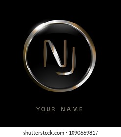 NJ initial letters with circle elegant logo golden silver black background