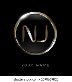 NJ initial letters with circle elegant logo golden silver black background