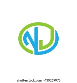 NJ initial letters looping linked ellipse logo blue green