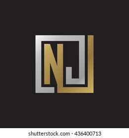 NJ initial letters looping linked square elegant logo golden silver black background