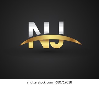 NJ initial logo company name colored gold and silver swoosh design. vector logo for business and company identity.
