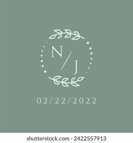 Boda inicial moderna en monograma de NJ con línea de círculo creativo