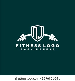 NJ initial monogram for fitnes or gym logo with creative shield and barbell design
