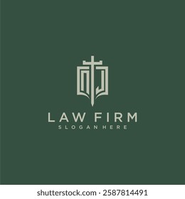 NJ initial monogram for law firm with sword and shield logo image