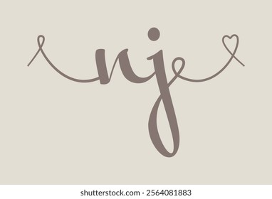 NJ initial wedding monogram calligraphy vector illustration. Hand drawn lettering n and j love logo design for valentines day poster, greeting card, photo album, banner print or tattoo.