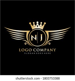 Letra NJ Inicial con plantilla de logotipo de ala real.