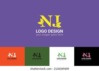 NJ letters eco logo with leaf. Vector typeface for nature posters, eco friendly emblem, vegan identity, herbal and botanical cards etc. Ecology NJ letters logo with leaf.