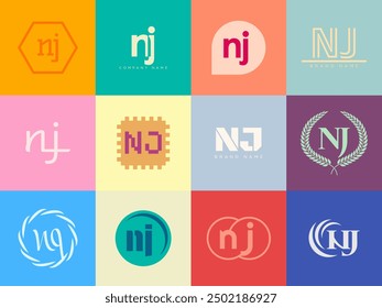 NJ logo company template. Letter n and j logotype. Set different classic serif lettering and modern bold text with design elements. Initial font typography. Collection trendy business identity.