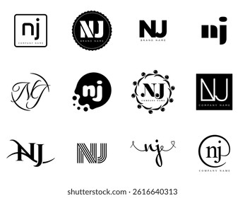 NJ logo company template. Letter n and j logotype. Set different classic serif lettering and modern bold text with design elements. Initial font typography. Collection trendy business identity.