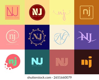 Modelo da empresa de logotipo NJ. Letra n e logotipo j. Defina diferentes letras serifas clássicas e texto em negrito moderno com elementos de design. Tipografia inicial da fonte. Coleção de identidade de negócios na moda.