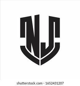 Monograma del logotipo de NJ con diseño de forma de escudo de emblemas aislado sobre fondo blanco