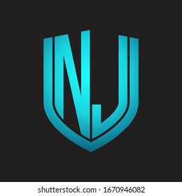NJ Logo monogram with emblem shield design isolated with blue colors on black background