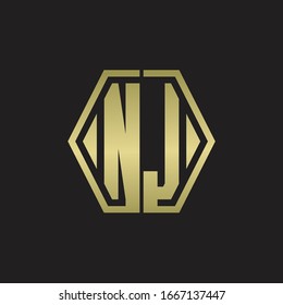 NJ Logo monogram with hexagon line rounded design template with gold colors