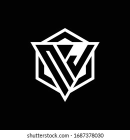 NJ logo monogram with triangle and hexagon shape combination isolated on back and white colors