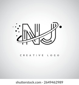 Logotipo de Monograma de Órbita NJ - Marca de Letra Mínima Futurista com Linha de Arte Circular, Pontos Inspirados na Tecnologia e Conceito de Movimento Espacial para Identidade de Marca Moderna
