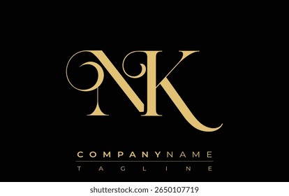NK Abstract Creative Jewelry Logo. A stylish logo featuring golden monogram initials in an elegant and modern typography, perfect for branding