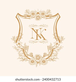 NK initial floral wedding crest design. Elegant wedding crest design that can be used on napkins, towels, wedding cards, and invitations. Vector illustration 