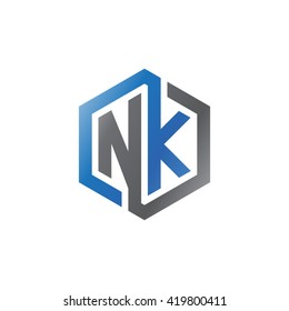 NK initial letters looping linked hexagon logo black gray blue