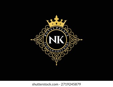 Diseño inicial del Vector del logotipo del palacio real de Nk con la moda de la belleza, emblema de la corona, diseño elegante de la Plantilla real y lujoso.
