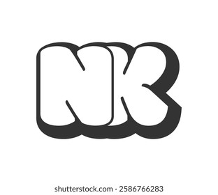 NK logo, bubble comic lettering, rounded in graffiti style black and white silhouette. Trendy preschool N and K letter text for festival party, personal initials, children funky print and web. 