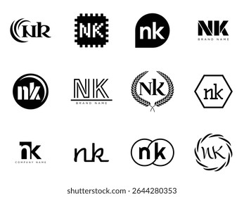 NK logo company template. Letter n and k logotype. Set different classic serif lettering and modern bold text with design elements. Initial font typography. Collection trendy business identity.