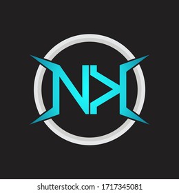 Monograma del logotipo NK con plantilla de diseño de forma circular y de cuatro ejes
