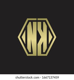 NK Logo monogram with hexagon line rounded design template with gold colors