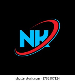 NK N K letter logo design. Initial letter NK linked circle uppercase monogram logo red and blue. NK logo, N K design. nk, n k