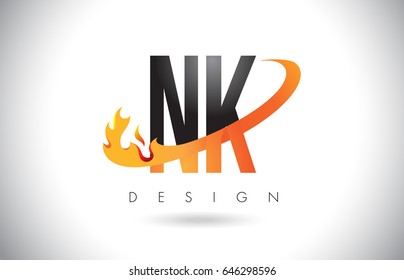 NK N K Letter Logo Design with Fire Flames and Orange Swoosh Vector Illustration.