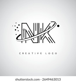 NK Orbit Monogram Logo – Futuristic Minimal Letter mark with Circular Line Art, Tech-Inspired Dots and Space Motion Concept for Modern Branding Identity