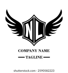 NL bold shield logo with wings, customizable with letters A to Z. Perfect for brands seeking a powerful symbol of strength, freedom, and ambition