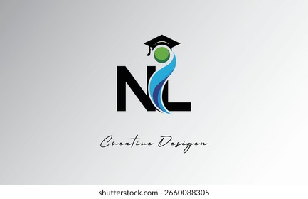 NL Creative Letter Logo com Boné de Graduação e Humano Abstrato - Educação Moderna e Design de Símbolo de Aprendizagem