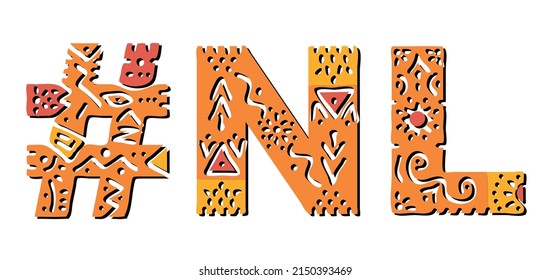 NL Hashtag. Isolated text with national ethnic ornament. Patterned Hashtag #NL is abbreviation for the Canadian Newfoundland and Labrador for print, clothing, t-shirt, poster, banner, flyer