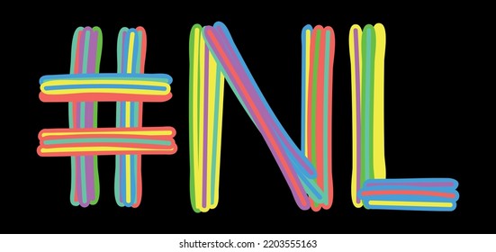 Etiqueta NL. Las curvas aisladas multicolores de colores brillantes son letras de doodle como del marcador, pintura al óleo. #NL es abreviatura de Canadá Terranova y Labrador para redes sociales, recursos web, aplicaciones móviles