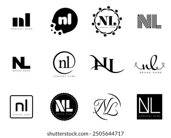 NL logo company template. Letter n and l logotype. Set different classic serif lettering and modern bold text with design elements. Initial font typography. Collection trendy business identity.