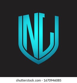 Monograma del logotipo NL con diseño de escudo de emblemas aislado con colores azules sobre fondo negro