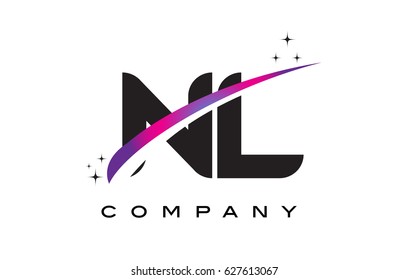 NL N L Black Letter Logo Design with Purple Magenta Swoosh and Stars.