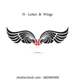 N-letter sign and angel wings.Monogram wing logo emblem.Elegant dynamic alphabet letters with wings.Creative design element.Corporate branding identity.Flat web design wings icon.Vector illustration.