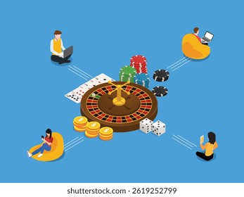 nline roulette gambling, with a roulette wheel, chips, dice, and playing cards at the center, connected by lines to four individuals engaging remotely with laptops and smartphones 3d isometric vector