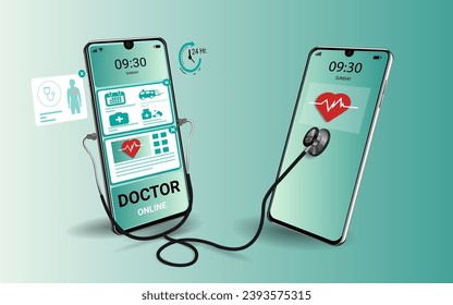 Medicina electrónica a través del concepto de smartphone. Consulta médica en línea, clínica médica en línea, atención médica, diagnósticos en línea, reunión con un médico, salud digital, pregunte a un médico. Ilustración vectorial 3D