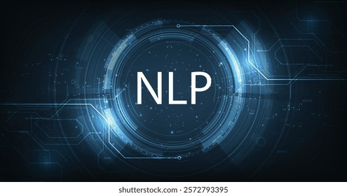 NLP background concept. Natural language processing cognitive computing technology on a dark blue background. Vector illustration.