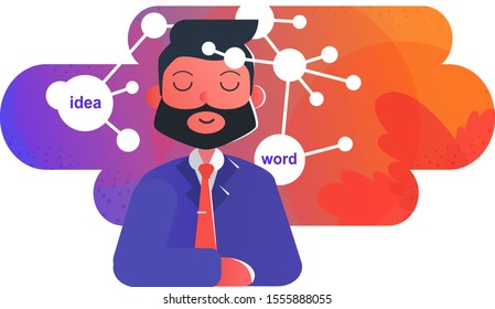 NLP illustration, words program the brain. Businessman with a beard thinks over new ideas, repeats affirmations. Words linked together in chains, network.