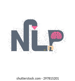 NLP logo and emblem. Hand holding a letter with brain. Vector illustration 