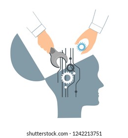 NLP or Neuro-Linguistic Programming concept. Open Human Head and a Hand with a Wrench. Manipulation, Mental health, personal development, and psychotherapy icon.