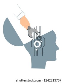 NLP or Neuro-Linguistic Programming concept. Open Human Head and a Hand with a Wrench. Manipulation, Mental health, personal development, and psychotherapy icon.